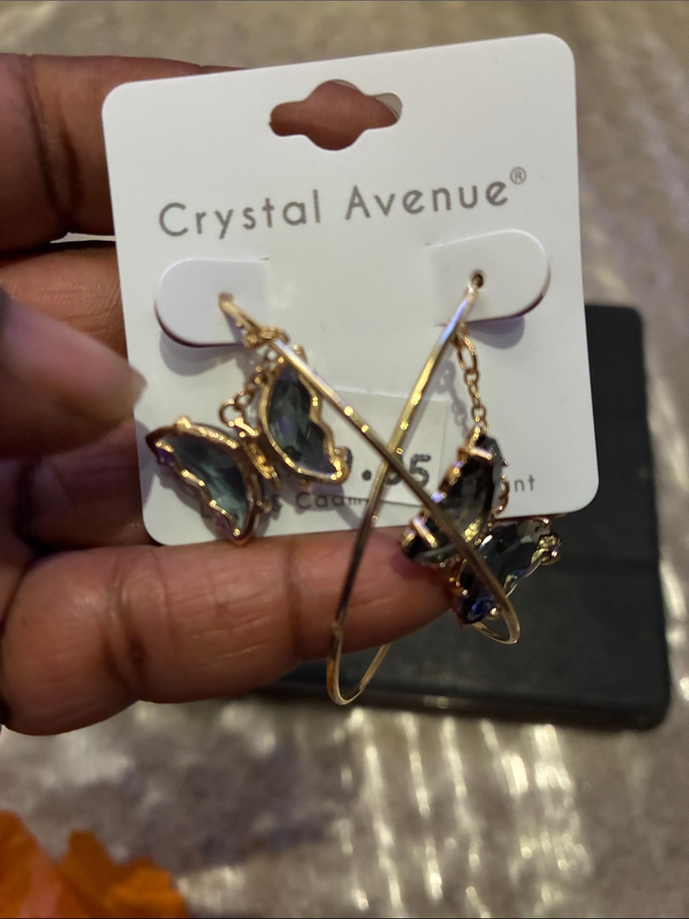Crystal Avenue Gold Hoop Earrings with Dark Green Butterfly Charms - Picture 3 of 4